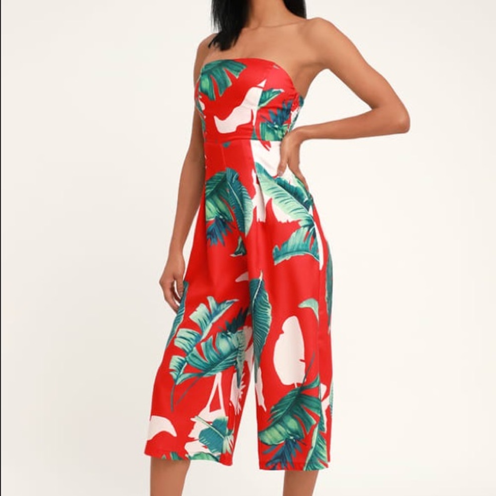 Lulu’s Rainforest Blooms Strapless Midi Jumpsuit
